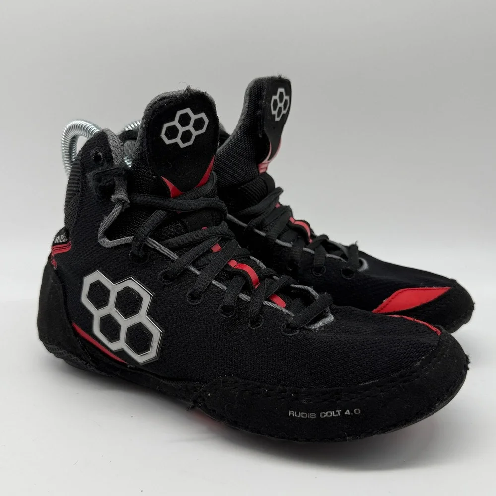 RUDIS Colt 4.0 Wrestling Shoes Youth 5Y Black Red High Top Mat Shoes 5Y